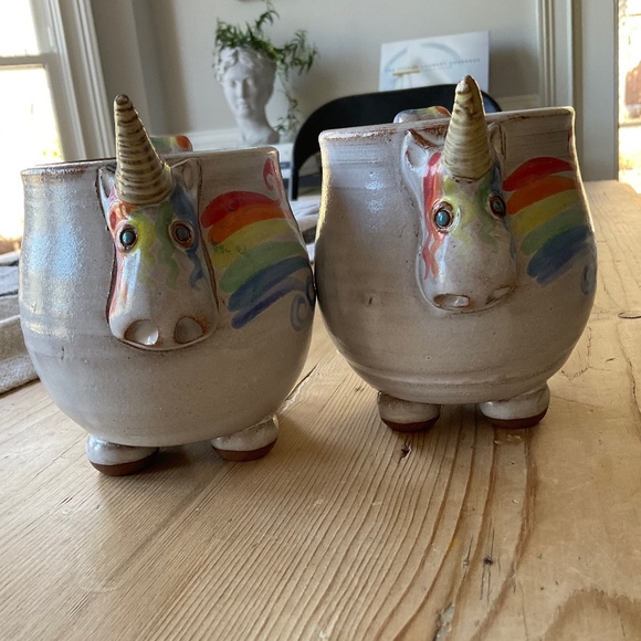 Mudworks Elwood the Rainbow Unicorn Mugs (2) Hand Thrown Pottery Footed USA Made - Picture 9 of 12